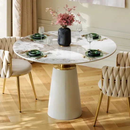 Modern 99 cm Round Glossy Sintered Stone Dining Table with Leather-Wrapped Base, Seats 2