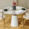 Modern 99 cm Round Glossy Sintered Stone Dining Table with Leather-Wrapped Base, Seats 2