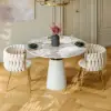 Modern 99 cm Round Glossy Sintered Stone Dining Table with Leather-Wrapped Base, Seats 2