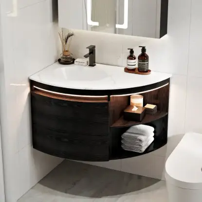 Modern 91 cm Corner Floating Single Bathroom Vanity with Sink, LED Light, Storage – Black