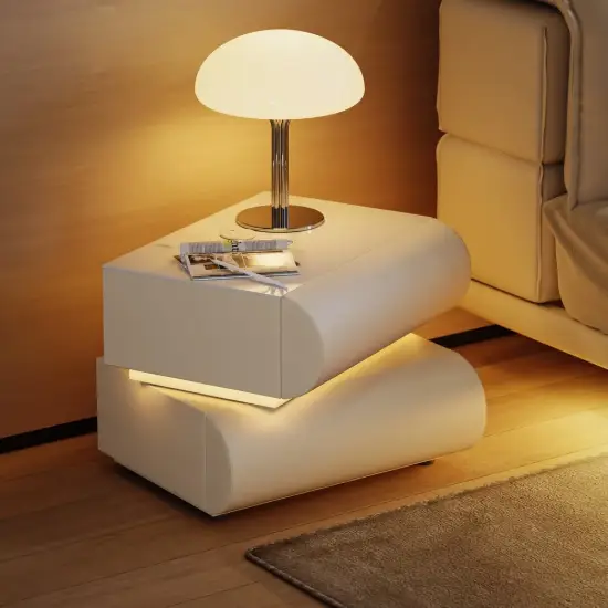 Humply White Faux Leather 2-Drawer LED Nightstand with Charging Station