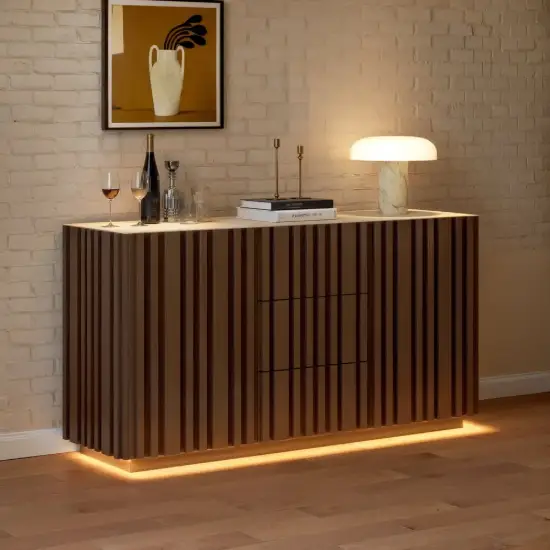 Aura 152 cm Faux Travertine Sideboard with Ash Wood Slatted Doors & LED Light