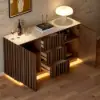 Aura 152 cm Faux Travertine Sideboard with Ash Wood Slatted Doors & LED Light