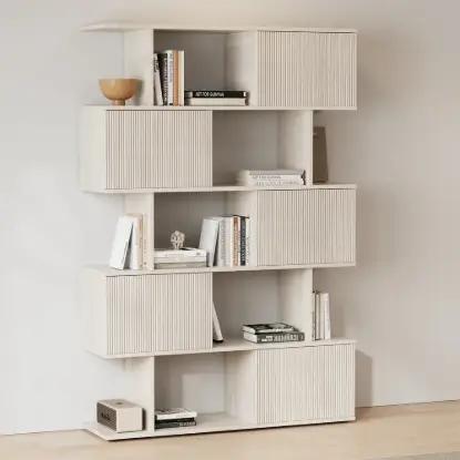 1850mm Wash White Sliding Door Etagere Bookshelf 5-Shelf Tall Book Shelf Rich Storage