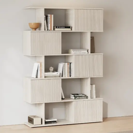 Picture of 1850mm Wash White Sliding Door Etagere Bookshelf 5-Shelf Tall Book Shelf Rich Storage