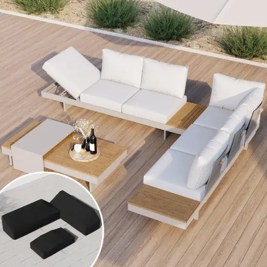 Tevara 4-Piece Outdoor Teak & Aluminium Modular Sofa Set for 6 in White with Black Cover