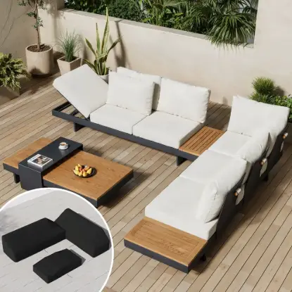 Picture of Tevara 4-Piece Outdoor Teak & Aluminium Modular Sofa Set for 6 in Ivory with Black Cover
