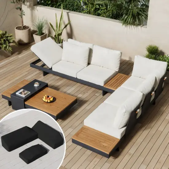 Tevara 4-Piece Outdoor Teak & Aluminium Modular Sofa Set for 6 in Ivory with Black Cover