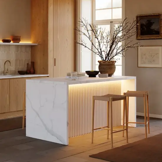 Modern 180 cm White Kitchen Island with Storage & LED Light, Waterfall Edge