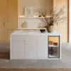 Modern 180 cm White Kitchen Island with Storage & LED Light, Waterfall Edge