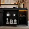Modern 183 cm Black Kitchen Island with Storage & LED Light, Waterfall Edge