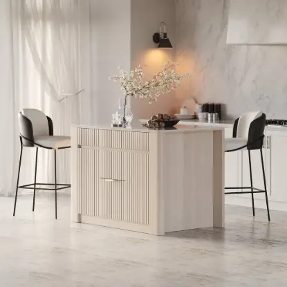 Picture of Mid-Century Modern 129 cm Glossy Sintered Stone Top Kitchen Island with Cabinets, Whitewash