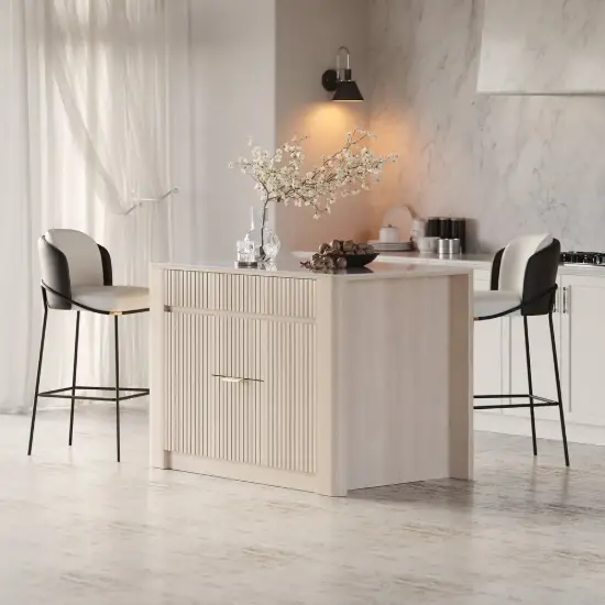 Mid-Century Modern 129 cm Glossy Sintered Stone Top Kitchen Island with Cabinets, Whitewash