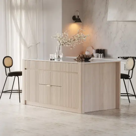 Mid-Century Modern 183 cm Glossy Sintered Stone Top Kitchen Island with Drawers, Whitewash