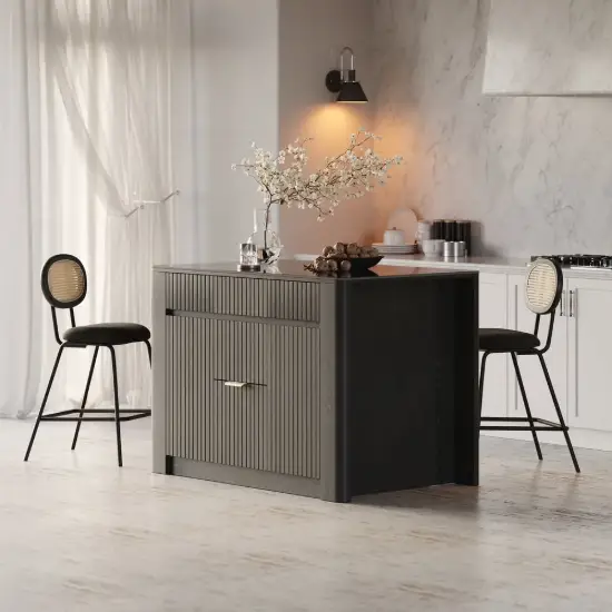 Picture of Mid-Century Modern 129 cm Glossy Sintered Stone Top Kitchen Island with Storage, Black