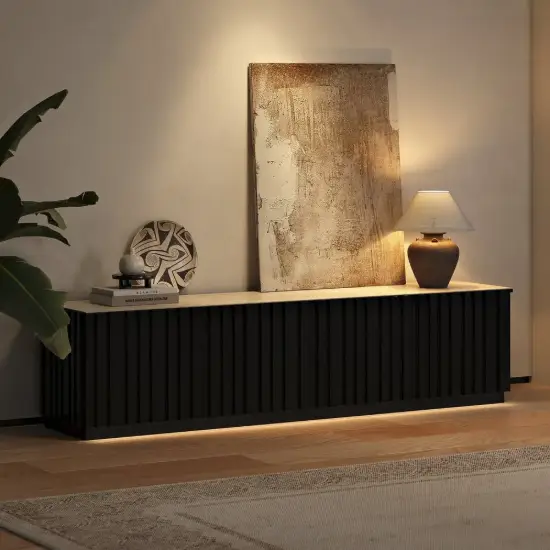 Aura 213 cm Ash Wood Fluted Black TV Unit with Sintered Stone Top