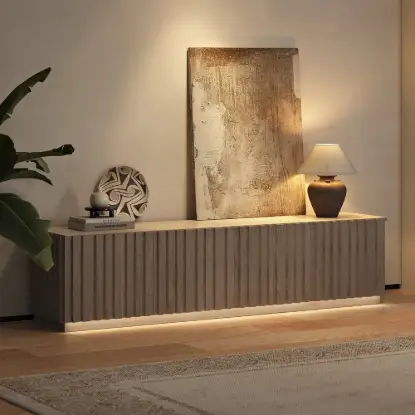 Picture of Aura 210 cm Ash Wood Fluted Walnut TV Unit with Sintered Stone Top – Slatted Whitewash Stand