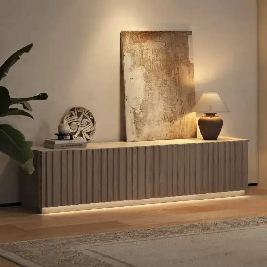 Aura 210 cm Ash Wood Fluted Walnut TV Unit with Sintered Stone Top – Slatted Whitewash Stand