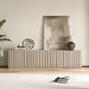 Aura 210 cm Ash Wood Fluted Walnut TV Unit with Sintered Stone Top – Slatted Whitewash Stand