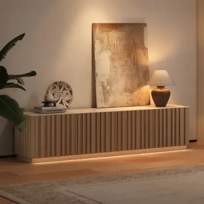 Picture of Aura 210 cm Ash Wood Fluted Walnut TV Unit with Sintered Stone Top – Slatted Natural Stand