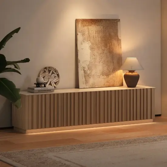 Aura 210 cm Ash Wood Fluted Walnut TV Unit with Sintered Stone Top – Slatted Natural Stand