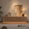 Aura 210 cm Ash Wood Fluted Walnut TV Unit with Sintered Stone Top – Slatted Natural Stand