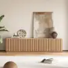 Aura 210 cm Ash Wood Fluted Walnut TV Unit with Sintered Stone Top – Slatted Natural Stand