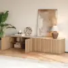 Aura 210 cm Ash Wood Fluted Walnut TV Unit with Sintered Stone Top – Slatted Natural Stand