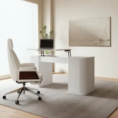 Modern White Standing Computer Desk & Upholstered Swivel Task Chair Set (1500mm )