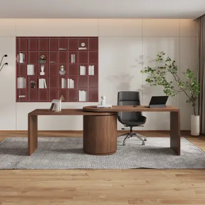 Modern 152 cm L-Shaped Walnut Office Desk with Drawers, Rotating Design – Dark Walnut