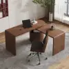 Modern 152 cm L-Shaped Walnut Office Desk with Drawers, Rotating Design – Dark Walnut