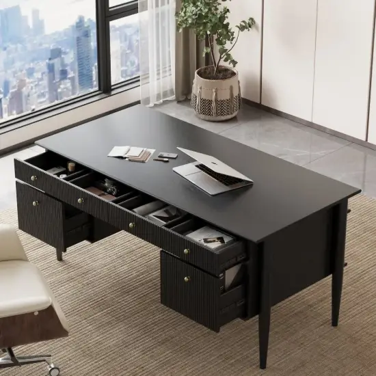Mid Century Modern 163 cm Rectangular Black Wood Desk with 6 Drawers
