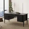 Mid Century Modern 163 cm Rectangular Black Wood Desk with 6 Drawers