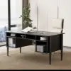Mid Century Modern 163 cm Rectangular Black Wood Desk with 6 Drawers