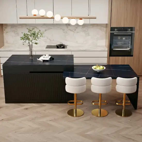 Modern 205 - 285 cm Extendable Sintered Stone Kitchen Island with Doors & Drawers, Black