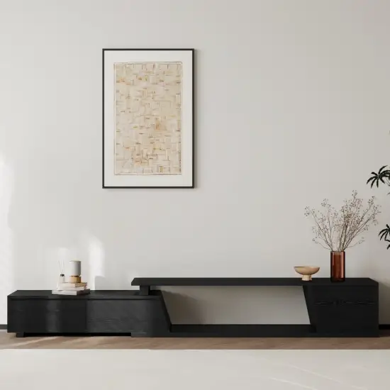 Fero 180 - 280 cm Extendable TV Unit with 3 Drawers – Engineered Wood – Black Stand