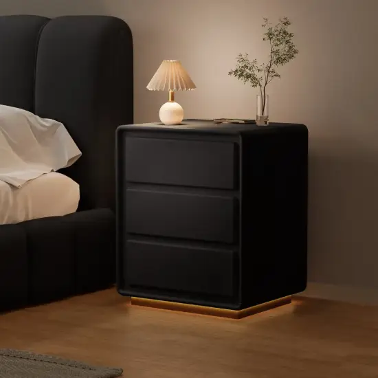 Modern 3-drawer off-white MDF Nightstand with USB and Lighting Set of 2