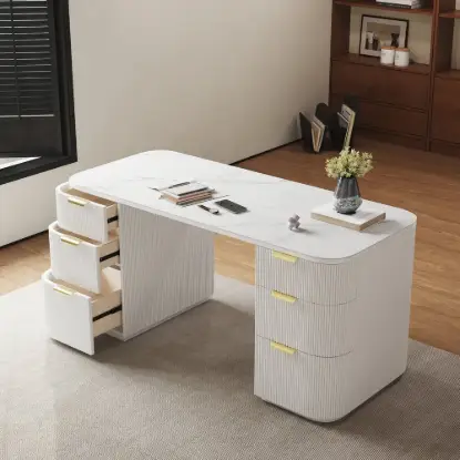 Modern 160 cm Rounded Edge White Sintered Stone Desk with Dual Storage