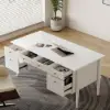 Mid Century Modern 163 cm Rectangular Matte Warm White Wood Desk with 6 Drawers