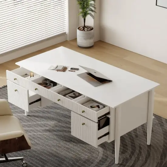 Mid Century Modern 163 cm Rectangular Matte Warm White Wood Desk with 6 Drawers
