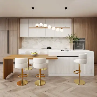 Picture of Modern 205 - 270 cm Extendable Marble Pattern Kitchen Island with Storage, Natural & White