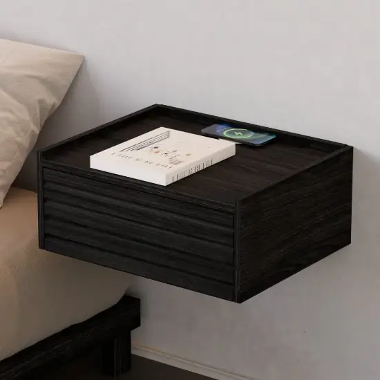 Wooden 1-Drawer Floating Bedside Table with Light & Charging Station – Rectangle