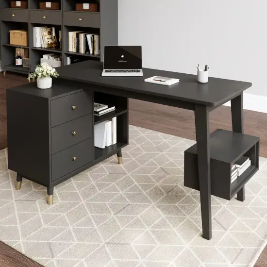 Ultic 120 cm L-Shaped Black Rotating Desk with Storage