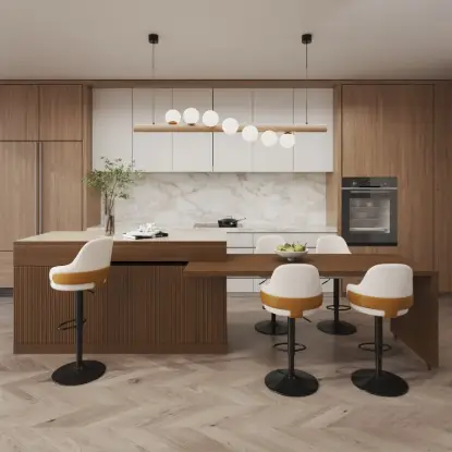 Picture of Modern 205 - 270 cm Extendable Sintered Stone Kitchen Island with Doors & Drawers, Walnut