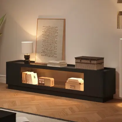 2000mm Black Glass Door TV Stand with Storage and LED