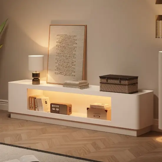 2000mm White Glass Door TV Stand with Storage and LED