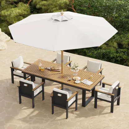 8 Pieces Rectangle Wood & Aluminium Outdoor Patio Dining Set with Central Pillar Umbrella