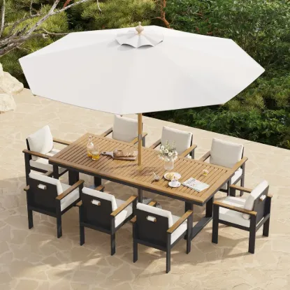 10 Pieces Rectangular Wood & Aluminium Outdoor Patio Dining Set with Central Pillar Umbrella