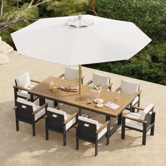 10 Pieces Rectangular Wood & Aluminium Outdoor Patio Dining Set with Central Pillar Umbrella
