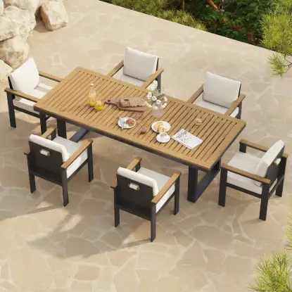 6 - Person Rectangle Wood & Aluminum Outdoor Patio Dining Table Outdoor 6 Dining Chairs
